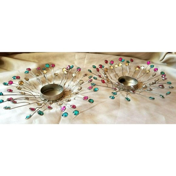 Beaded Jeweled Wire Candle Votive Holders Multi-color Silver Starburst JS69 - Picture 2 of 3